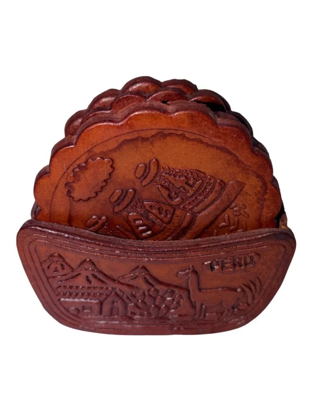 Vintage Peruvian Tooled Leather Coaster Set w/ Holder – Set of 6 Brown Stamped